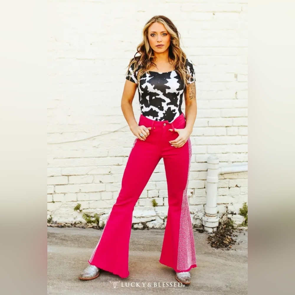 NEW LUCKY AND BLESSED Pink Rhinestone Side Panel Flare Jeans (Tummy Control) - Picture 2 of 7